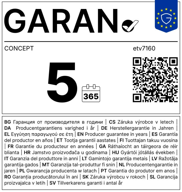 Etykieta GARAN – gwarancja producenta 5 lat