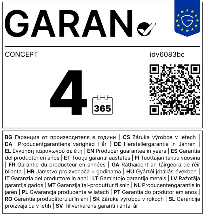 Etykieta GARAN – gwarancja producenta 4 lata