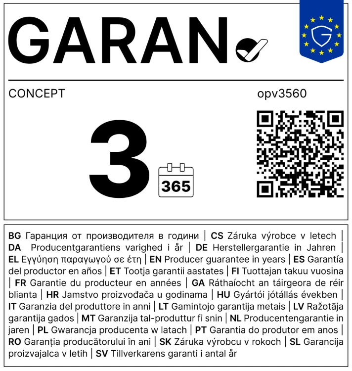 Etykieta GARAN – gwarancja producenta 3 lata