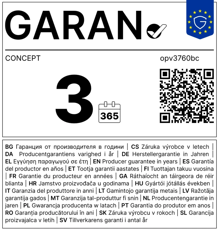 Etykieta GARAN – gwarancja producenta 3 lata