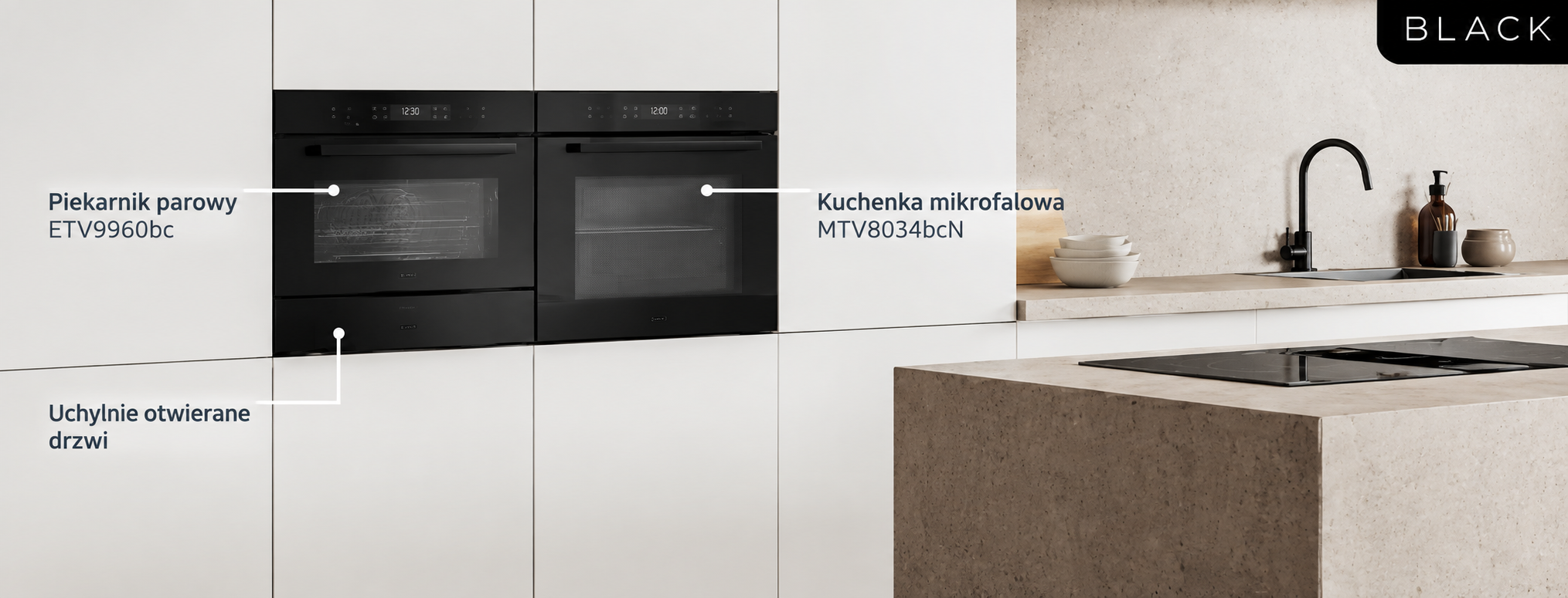 Piekarnik kompaktowy z mikrofalą Concept KTV8050bcN w czarnym wykończeniu, zamontowany w zabudowie kuchennej